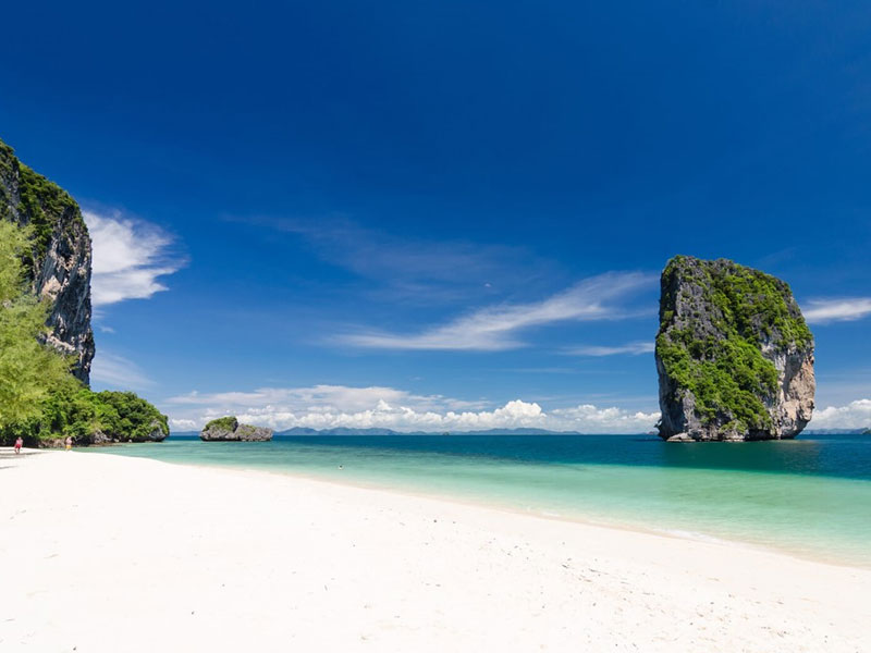 The wide white sand beach at Koh Pakbia backed by palm trees